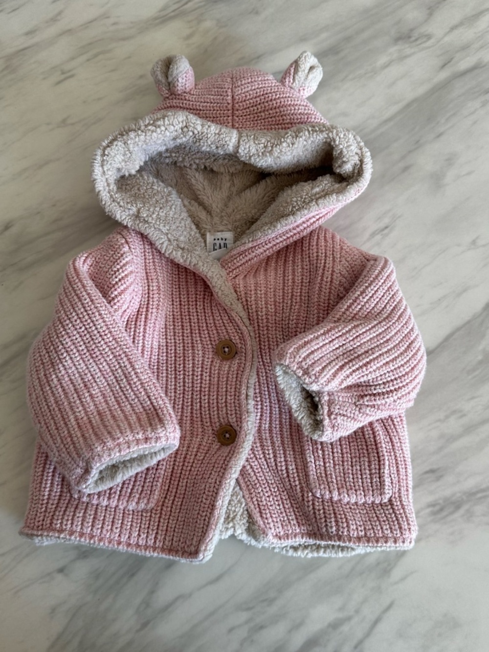 Baby Gap Sherpa-Lined Bear Ear Sweater Jacket (3-6M) & Booties Set (0-3M) - Pink - Picture 2 of 11